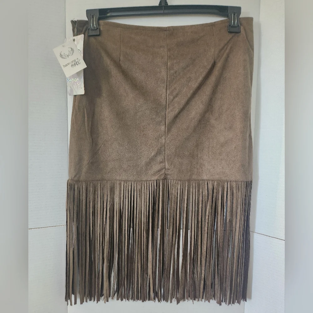 HARMONY & HAVOC Fringe Skirt Size Large Army Green Faux Suede NWT